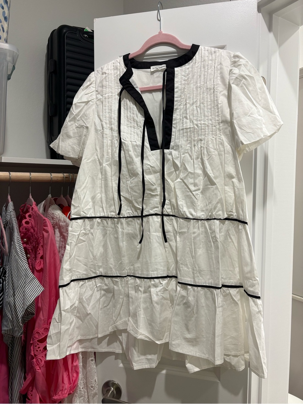 Women’s White Cotton Tiered Dress with Black Trim